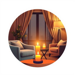 A logo design featuring a cozy room setting, showcasing a softly glowing candle or flame as the focal point