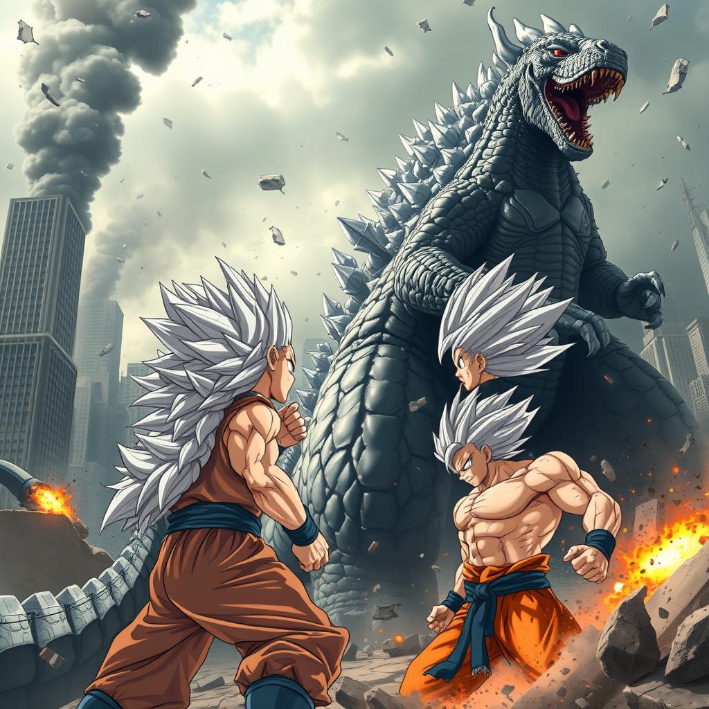 An epic battle scene featuring Godzilla, the colossal monster with scaly skin and spiky back plates, facing off against UI Goku, a muscular, spiky-haired warrior in his Ultra Instinct form, with silver hair and glowing aura