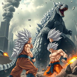 An epic battle scene featuring Godzilla, the colossal monster with scaly skin and spiky back plates, facing off against UI Goku, a muscular, spiky-haired warrior in his Ultra Instinct form, with silver hair and glowing aura