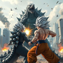 An epic battle scene featuring Godzilla, the colossal monster with scaly skin and spiky back plates, facing off against UI Goku, a muscular, spiky-haired warrior in his Ultra Instinct form, with silver hair and glowing aura