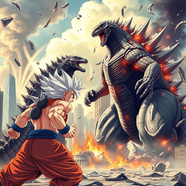 An epic battle scene featuring Godzilla, the colossal monster with scaly skin and spiky back plates, facing off against UI Goku, a muscular, spiky-haired warrior in his Ultra Instinct form, with silver hair and glowing aura