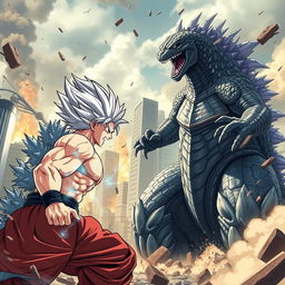 An epic battle scene featuring Godzilla, the colossal monster with scaly skin and spiky back plates, facing off against UI Goku, a muscular, spiky-haired warrior in his Ultra Instinct form, with silver hair and glowing aura