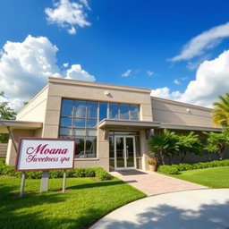 A realistic, modern building with an elegant facade, featuring large windows and a welcoming entrance