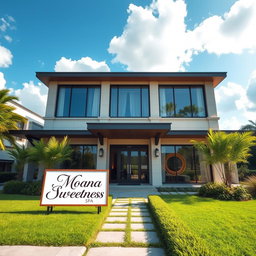 A realistic, modern building with an elegant facade, featuring large windows and a welcoming entrance