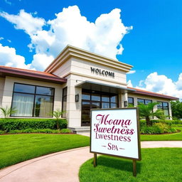 A realistic, modern building with an elegant facade, featuring large windows and a welcoming entrance