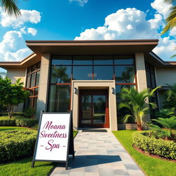 A realistic, modern building with an elegant facade, featuring large windows and a welcoming entrance