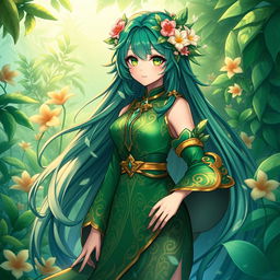A beautiful female original character inspired by the Sumeru region in Genshin Impact, featuring vibrant green and gold clothing with intricate patterns reminiscent of the local flora