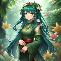 A beautiful female original character inspired by the Sumeru region in Genshin Impact, featuring vibrant green and gold clothing with intricate patterns reminiscent of the local flora