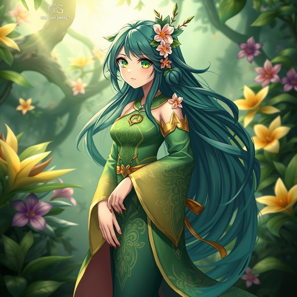 A beautiful female original character inspired by the Sumeru region in Genshin Impact, featuring vibrant green and gold clothing with intricate patterns reminiscent of the local flora