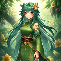 A beautiful female original character inspired by the Sumeru region in Genshin Impact, featuring vibrant green and gold clothing with intricate patterns reminiscent of the local flora