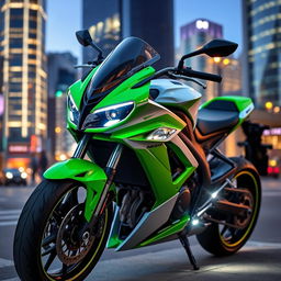 A sleek and futuristic motorcycle showcased in an urban environment, featuring a vibrant bright green and crisp white color scheme