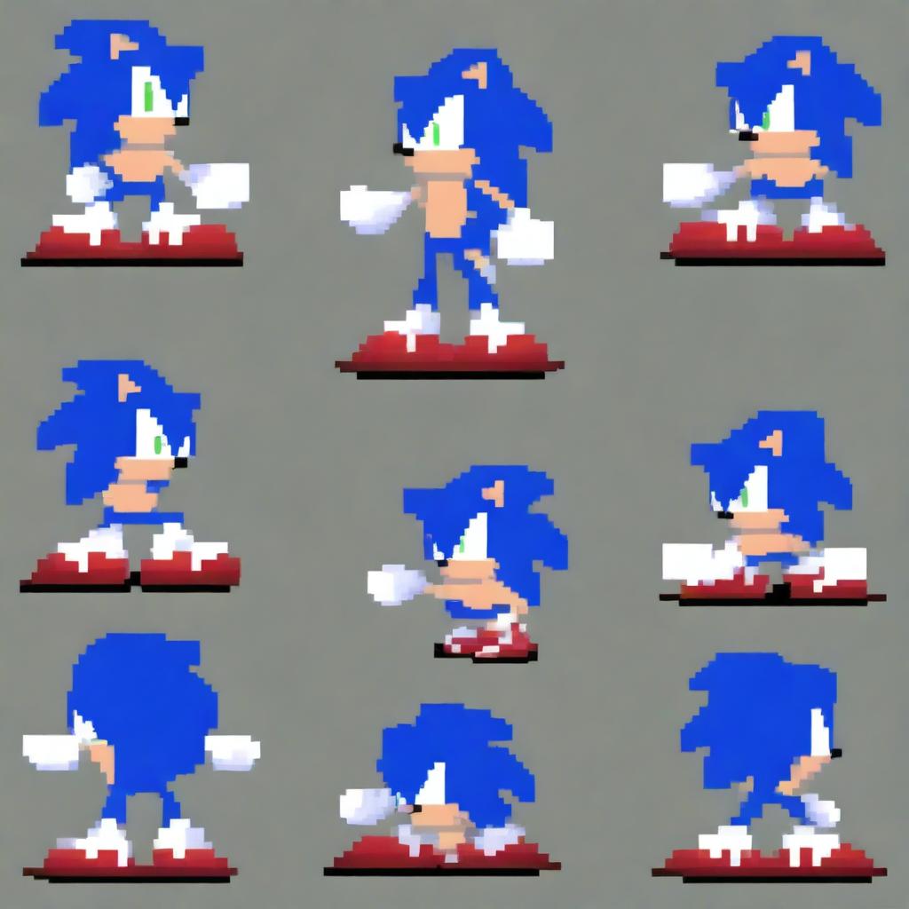 A striking pixel art sprite sheet of an evil-looking Sonic the Hedgehog, styled in the unique aesthetic of the game Friday Night Funkin'