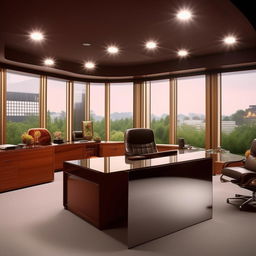 A 15'x16' CEO office cabin, professionally designed with sleek office furniture, large glass windows, expansive, polished desk, comfortable seating, elegant lighting fixtures, shelves with prestigious awards and motivational artwork on the walls.