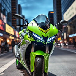 A sleek and futuristic motorcycle showcased in an urban environment, featuring a vibrant bright green and crisp white color scheme