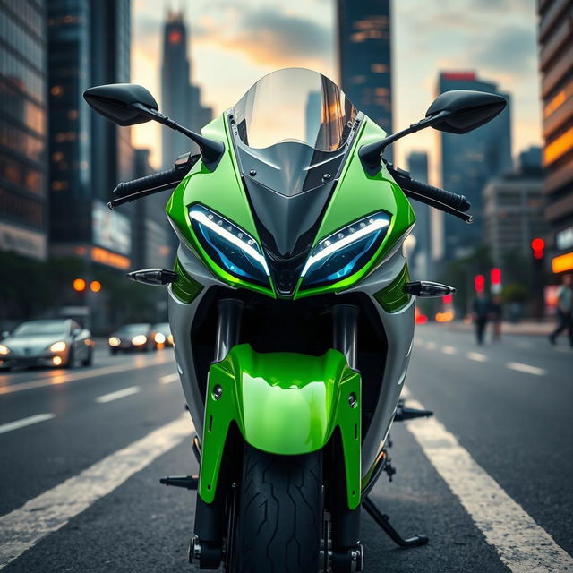 A sleek and futuristic motorcycle showcased in an urban environment, featuring a vibrant bright green and crisp white color scheme