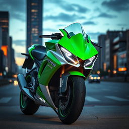 A sleek and futuristic motorcycle showcased in an urban environment, featuring a vibrant bright green and crisp white color scheme