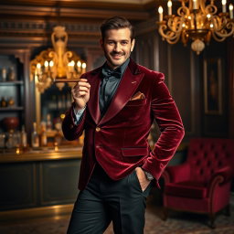 A striking portrait of a person wearing a stylish smoking jacket, featuring a rich velvet texture in deep burgundy and gold accents