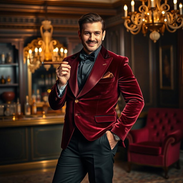A striking portrait of a person wearing a stylish smoking jacket, featuring a rich velvet texture in deep burgundy and gold accents