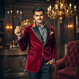 A striking portrait of a person wearing a stylish smoking jacket, featuring a rich velvet texture in deep burgundy and gold accents