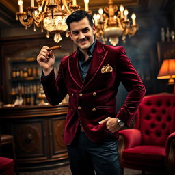 A striking portrait of a person wearing a stylish smoking jacket, featuring a rich velvet texture in deep burgundy and gold accents