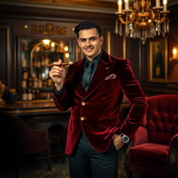 A striking portrait of a person wearing a stylish smoking jacket, featuring a rich velvet texture in deep burgundy and gold accents
