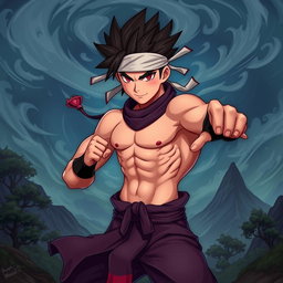 A stylized, artistic rendition of a character resembling a ninja with spiky hair and a headband, striking a dynamic pose in a dramatic, fantastical landscape
