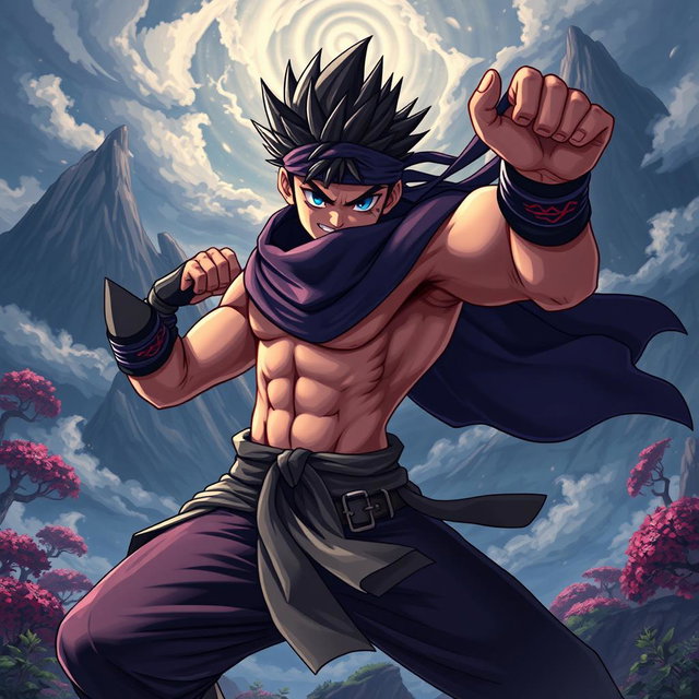 A stylized, artistic rendition of a character resembling a ninja with spiky hair and a headband, striking a dynamic pose in a dramatic, fantastical landscape