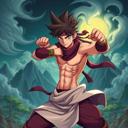 A stylized, artistic rendition of a character resembling a ninja with spiky hair and a headband, striking a dynamic pose in a dramatic, fantastical landscape