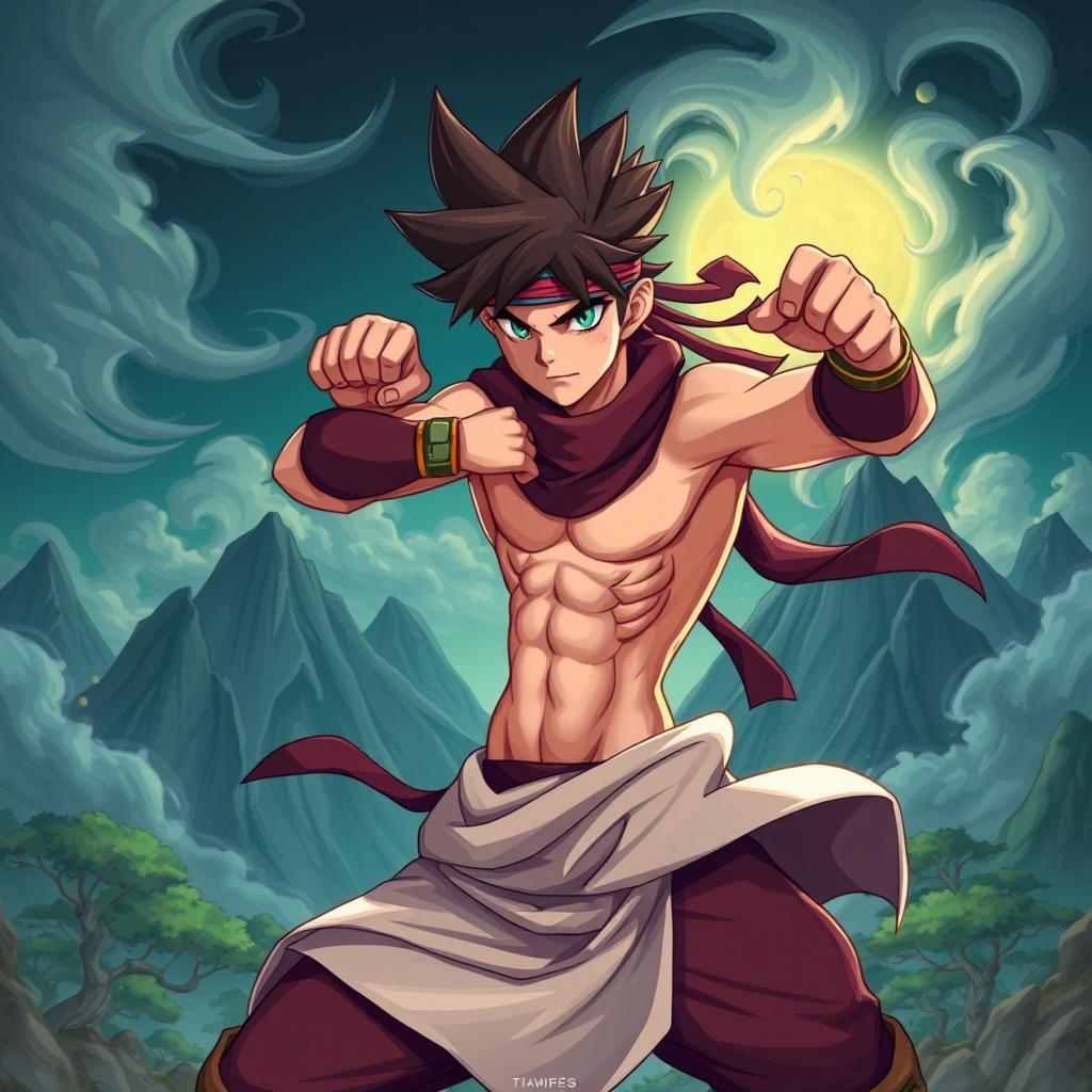 A stylized, artistic rendition of a character resembling a ninja with spiky hair and a headband, striking a dynamic pose in a dramatic, fantastical landscape