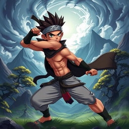 A stylized, artistic rendition of a character resembling a ninja with spiky hair and a headband, striking a dynamic pose in a dramatic, fantastical landscape