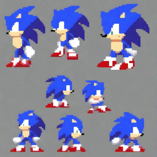 A striking pixel art sprite sheet of an evil-looking Sonic the Hedgehog, styled in the unique aesthetic of the game Friday Night Funkin'