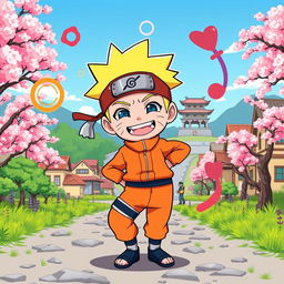 A humorous and whimsical cartoon-style illustration featuring a playful and exaggerated representation of Naruto Uzumaki from the popular anime series