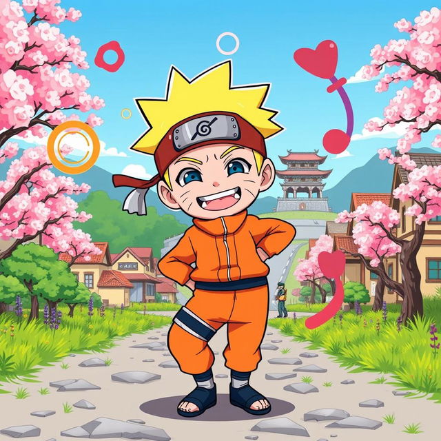 A humorous and whimsical cartoon-style illustration featuring a playful and exaggerated representation of Naruto Uzumaki from the popular anime series
