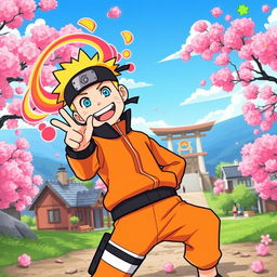 A humorous and whimsical cartoon-style illustration featuring a playful and exaggerated representation of Naruto Uzumaki from the popular anime series