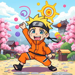 A humorous and whimsical cartoon-style illustration featuring a playful and exaggerated representation of Naruto Uzumaki from the popular anime series