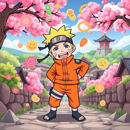 A humorous and whimsical cartoon-style illustration featuring a playful and exaggerated representation of Naruto Uzumaki from the popular anime series