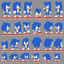 A striking pixel art sprite sheet of an evil-looking Sonic the Hedgehog, styled in the unique aesthetic of the game Friday Night Funkin'