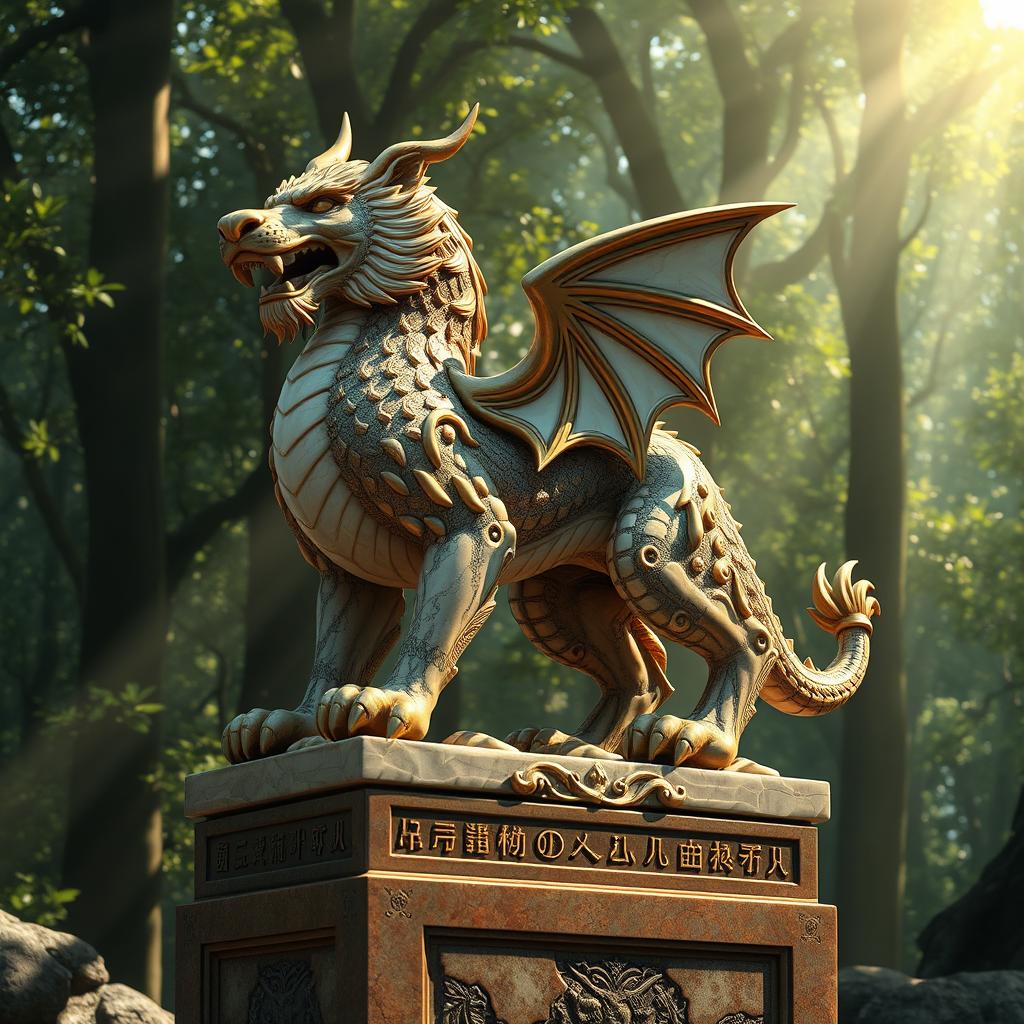 A detailed and artistic rendering of a beautiful, intricate sculpture of a mythical creature, blending elements of a dragon and a lion