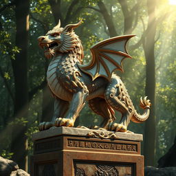 A detailed and artistic rendering of a beautiful, intricate sculpture of a mythical creature, blending elements of a dragon and a lion