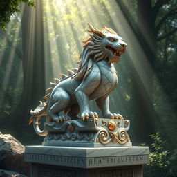 A detailed and artistic rendering of a beautiful, intricate sculpture of a mythical creature, blending elements of a dragon and a lion