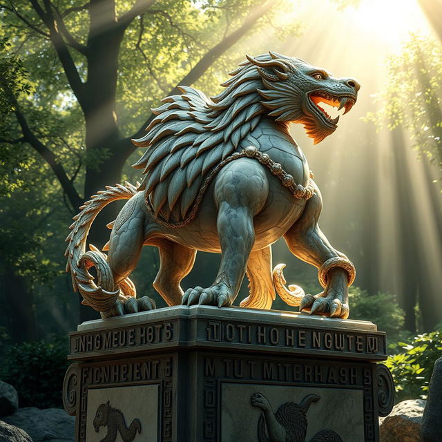A detailed and artistic rendering of a beautiful, intricate sculpture of a mythical creature, blending elements of a dragon and a lion