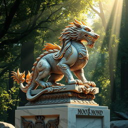 A detailed and artistic rendering of a beautiful, intricate sculpture of a mythical creature, blending elements of a dragon and a lion