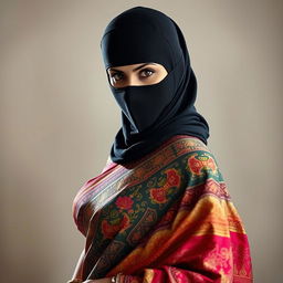 A stunning and alluring woman wearing a beautifully ornate traditional saree, intricately designed with vibrant colors and patterns