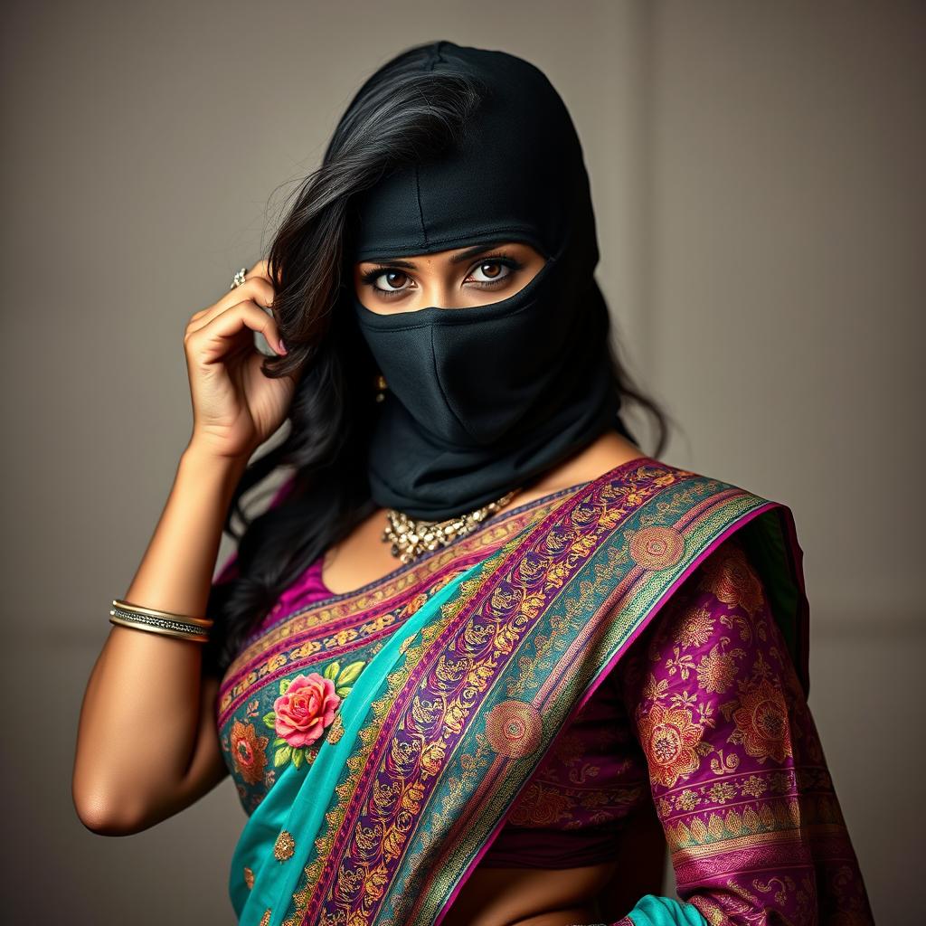 A stunning and alluring woman wearing a beautifully ornate traditional saree, intricately designed with vibrant colors and patterns