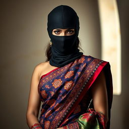 A stunning and alluring woman wearing a beautifully ornate traditional saree, intricately designed with vibrant colors and patterns