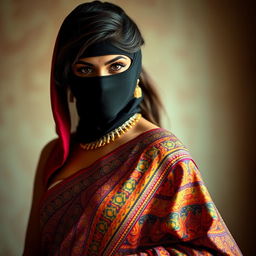 A stunning and alluring woman wearing a beautifully ornate traditional saree, intricately designed with vibrant colors and patterns