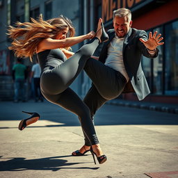 A dynamic scene featuring a powerful woman wearing stylish leggings and high heels, delivering a swift and impactful kick to a man's groin area