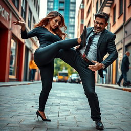 A dynamic scene featuring a powerful woman wearing stylish leggings and high heels, delivering a swift and impactful kick to a man's groin area