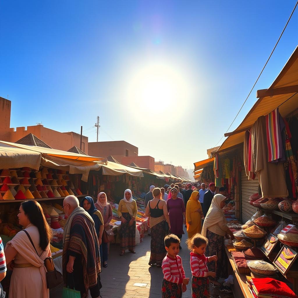 A vibrant bazaar scene filled with colorful stalls selling spices, fabrics, and handmade crafts