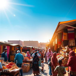 A vibrant bazaar scene filled with colorful stalls selling spices, fabrics, and handmade crafts